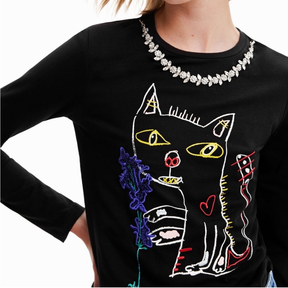 Desigual Black Cat Graphic Long Sleeve Tee - Picture 2 of 8